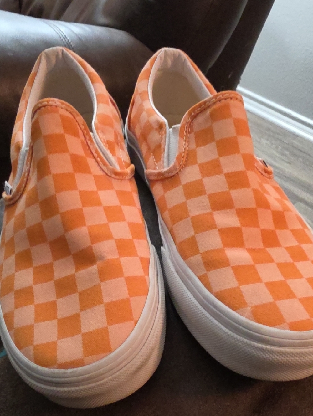Vans Orange and Cream Checkerboard Slip-On Sneakers